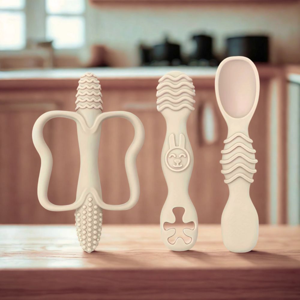 3 - Piece Silicone Teether & Spoon Set (3M+) Beige - Baby Teether from Senso - Blanky