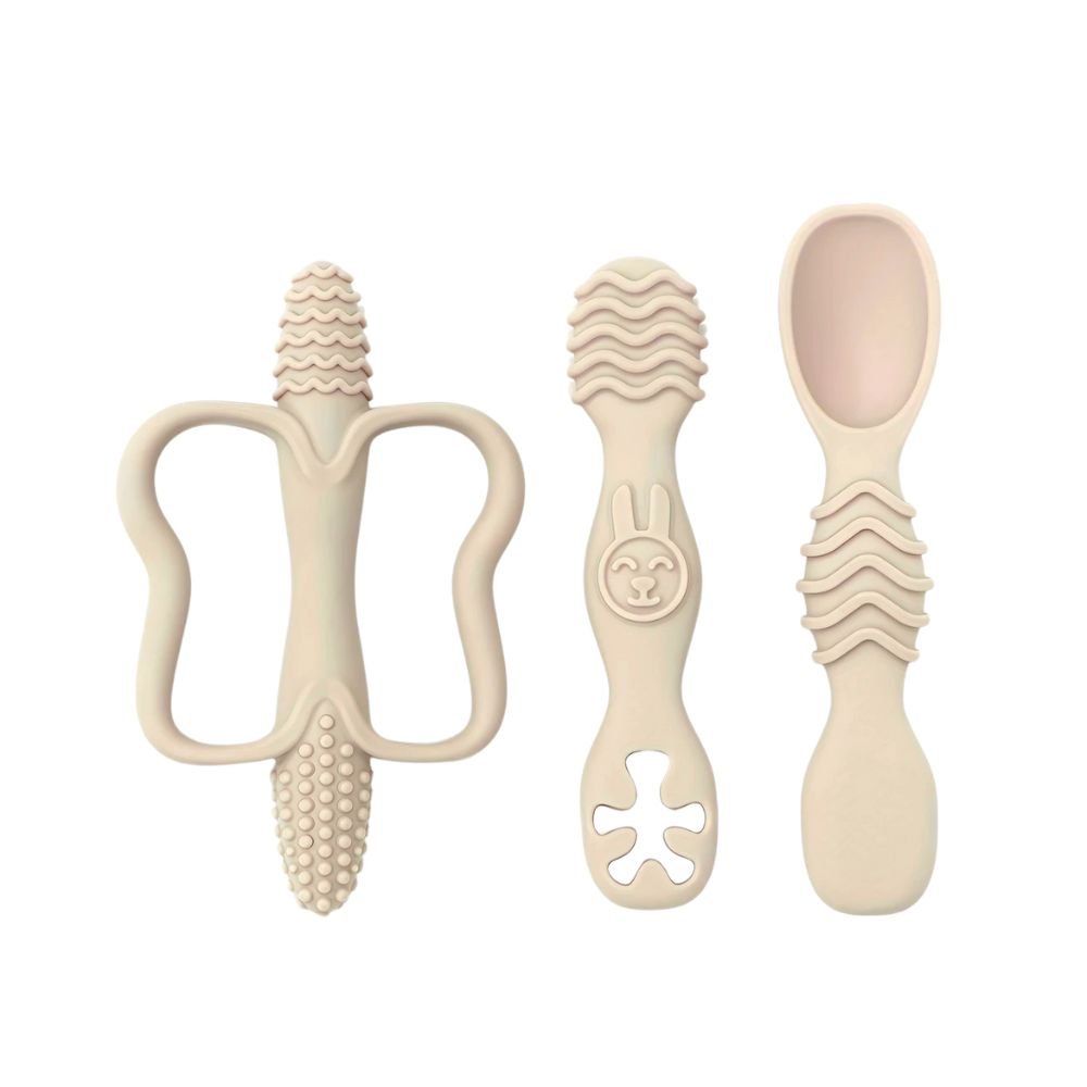 3 - Piece Silicone Teether & Spoon Set (3M+) Beige - Baby Teether from Senso - Blanky