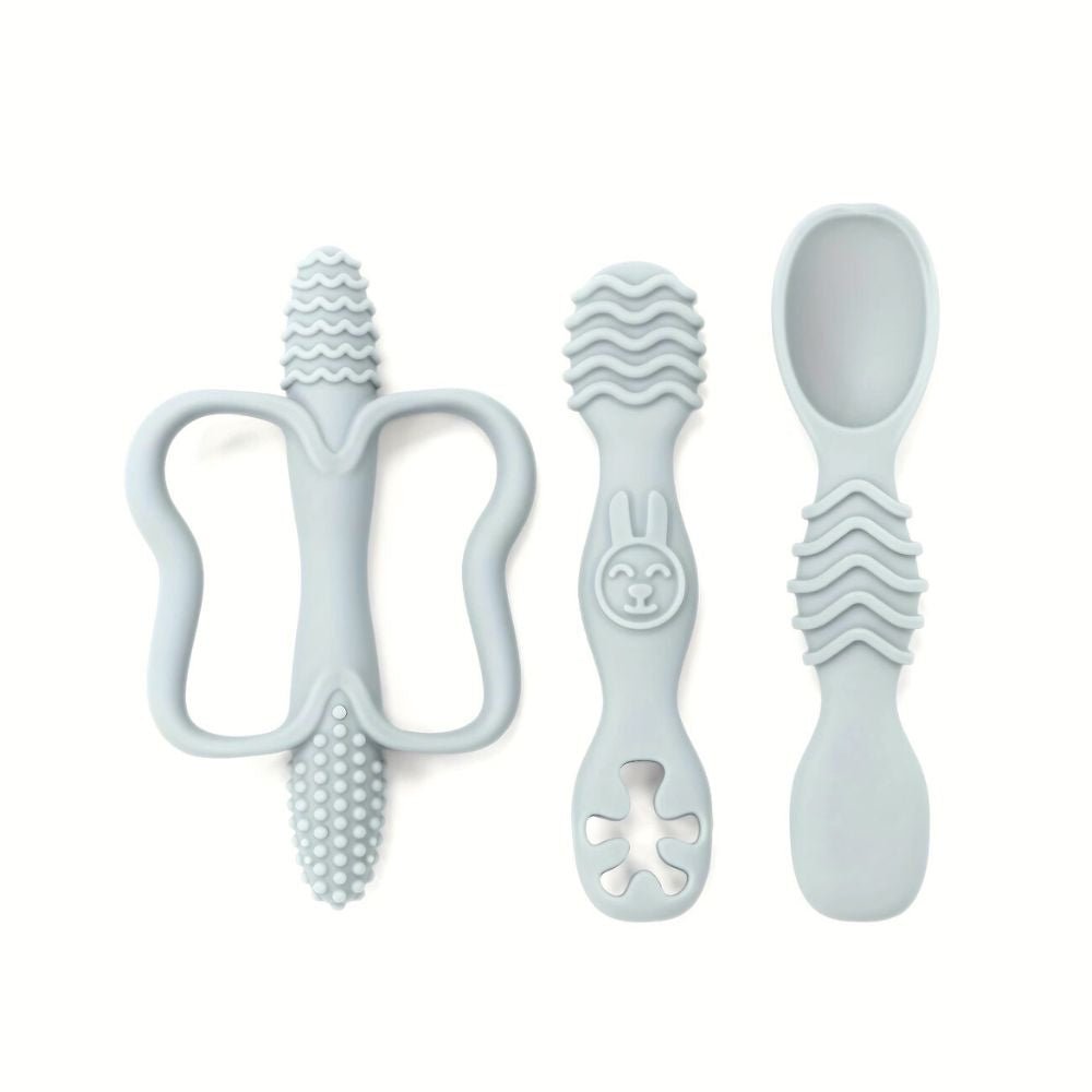 3 - Piece Silicone Teether & Spoon Set (3M+) Grey - Baby Teether from Senso - Blanky