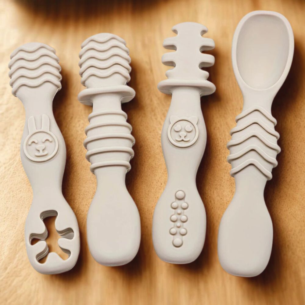 4 - Piece Silicone Teether & Spoon Set (3M+) Beige - Baby Care Essentials from Senso - Blanky