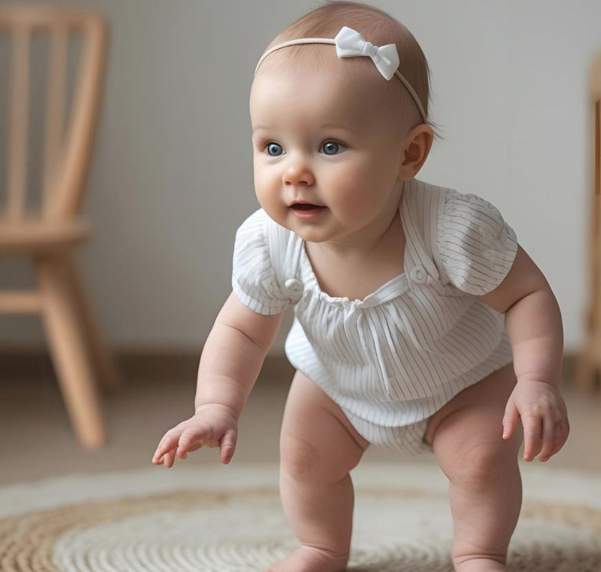 Baby in a white outfit with a bow headband standing on a round rug.