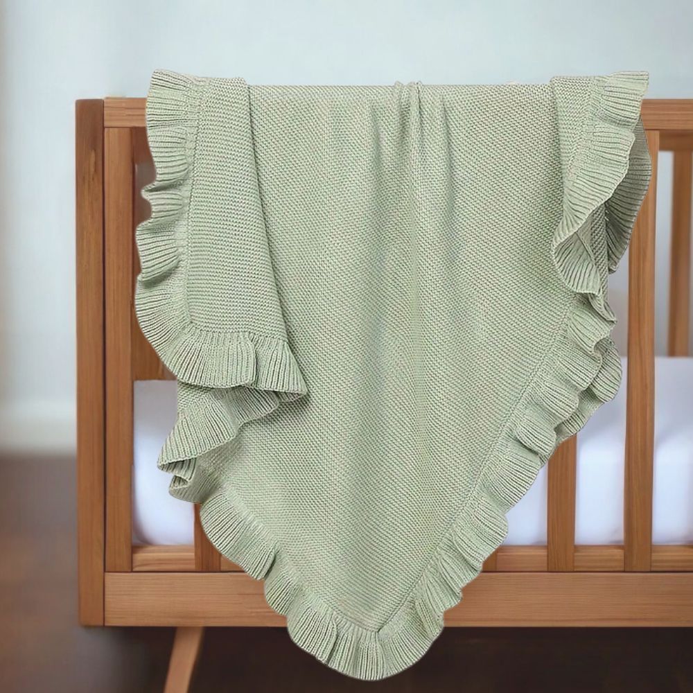 Lightweight Acrylic Knit Blanket with Ruffle Trim (12M+) Pale Sage - Baby Knit Blanket from Senso - Blanky
