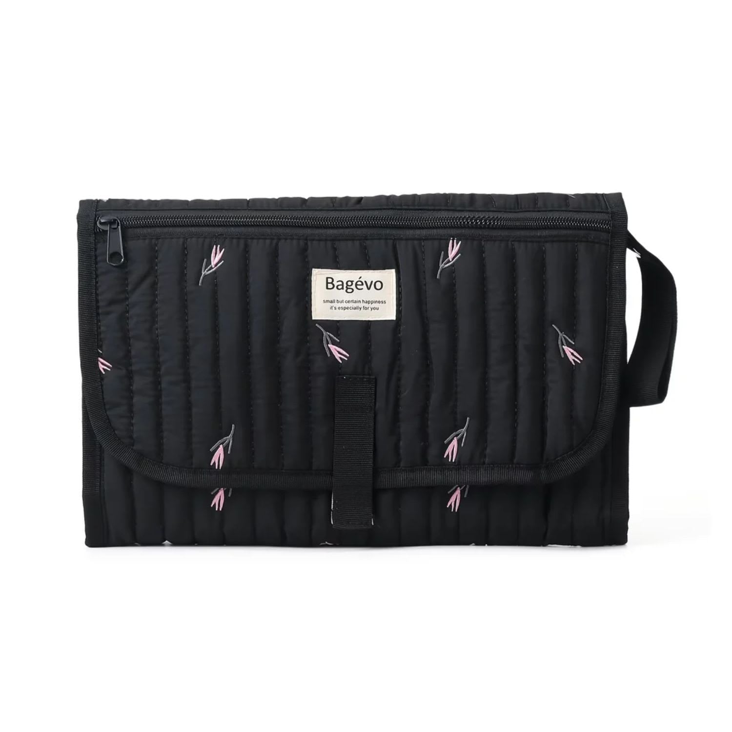 Quilted portable baby changing mat and travel clutch folded in minimalist floral Black tulip print - Available from Senso-Blanky