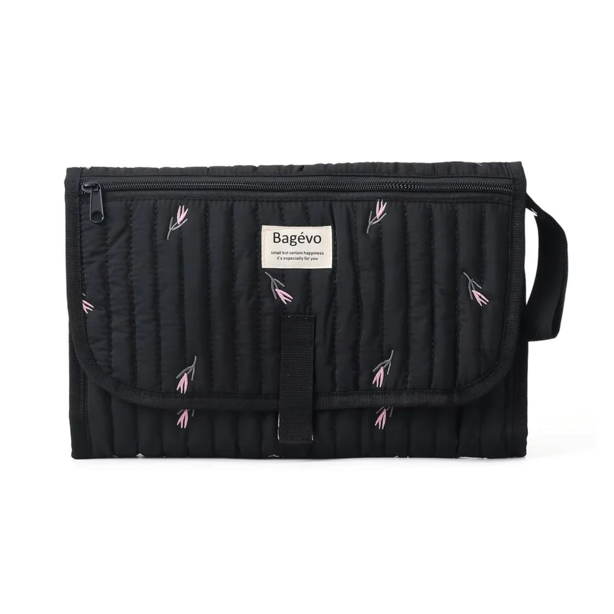 Quilted portable baby changing mat and travel clutch folded in minimalist floral Black tulip print - Available from Senso-Blanky