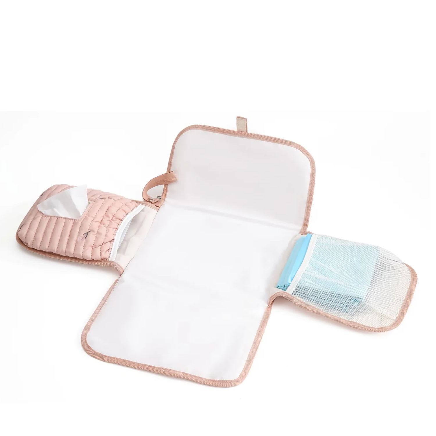 Quilted baby changing mat in Pink Tulip opened flat organized with diapers and baby wipes for travel available from Senso-Blanky