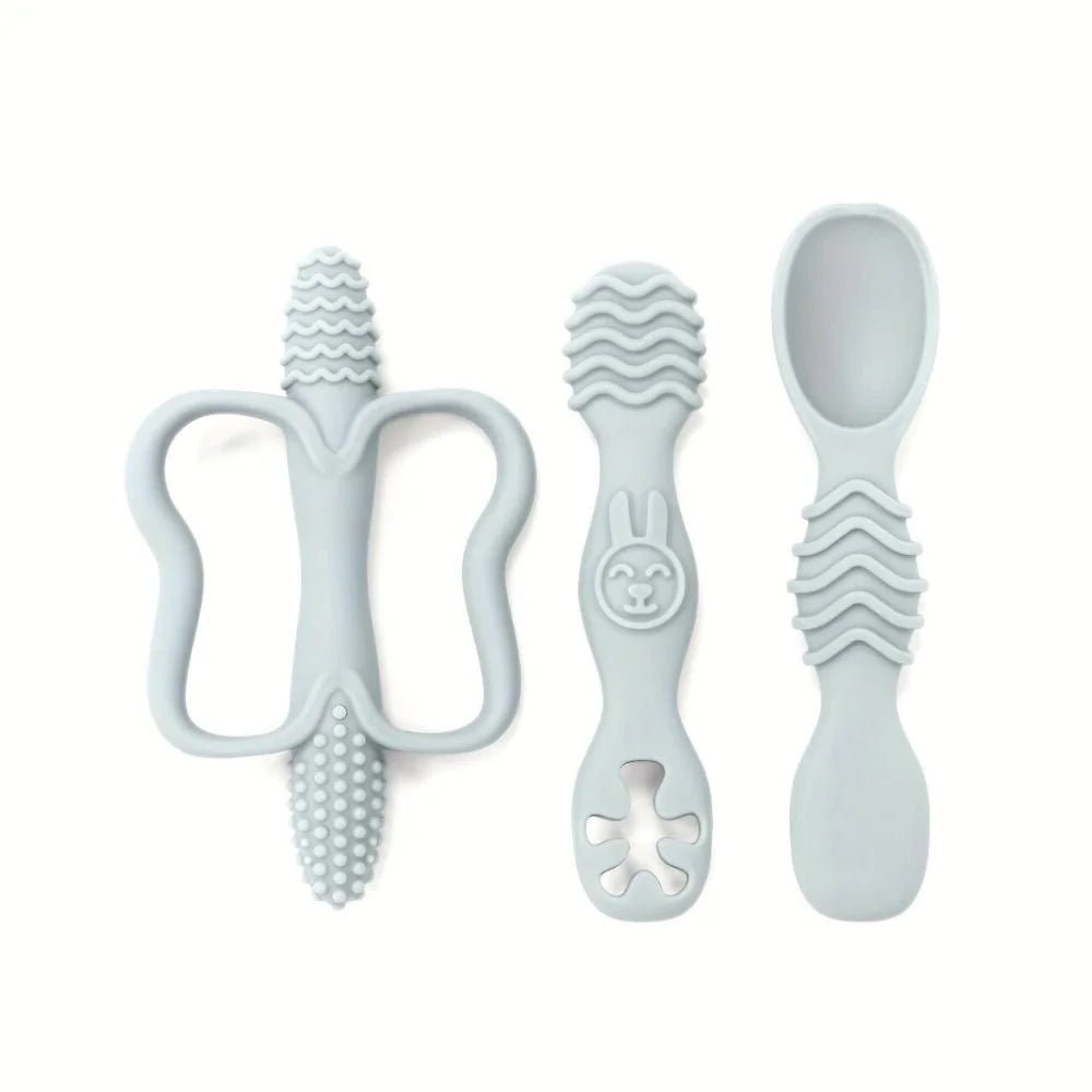 3 - Piece Silicone Teether & Spoon Set (3M+) Grey - Baby Teether from Senso - Blanky