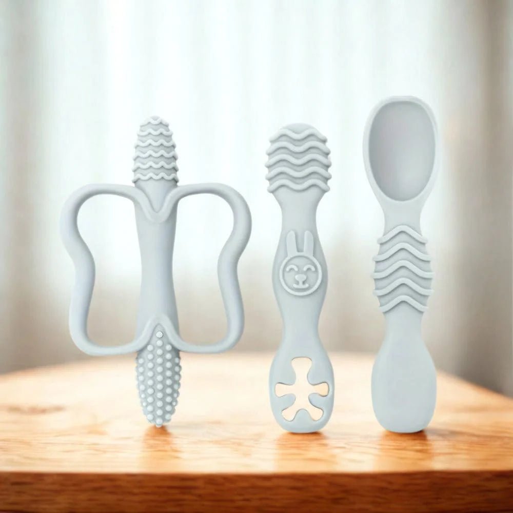 3 - Piece Silicone Teether & Spoon Set (3M+) Grey - Baby Teether from Senso - Blanky