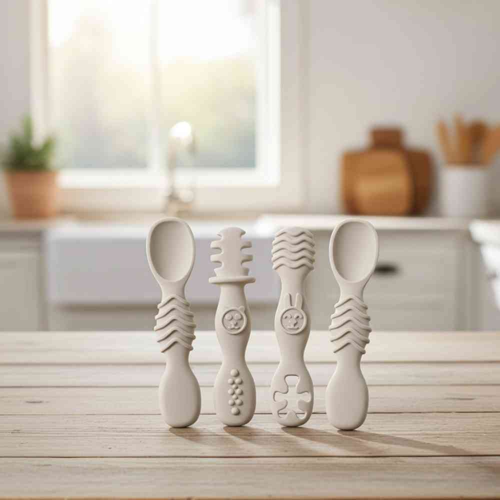 4 - Piece Silicone Teether & Spoon Set (3M+) Beige - Baby Care Essentials from Senso - Blanky