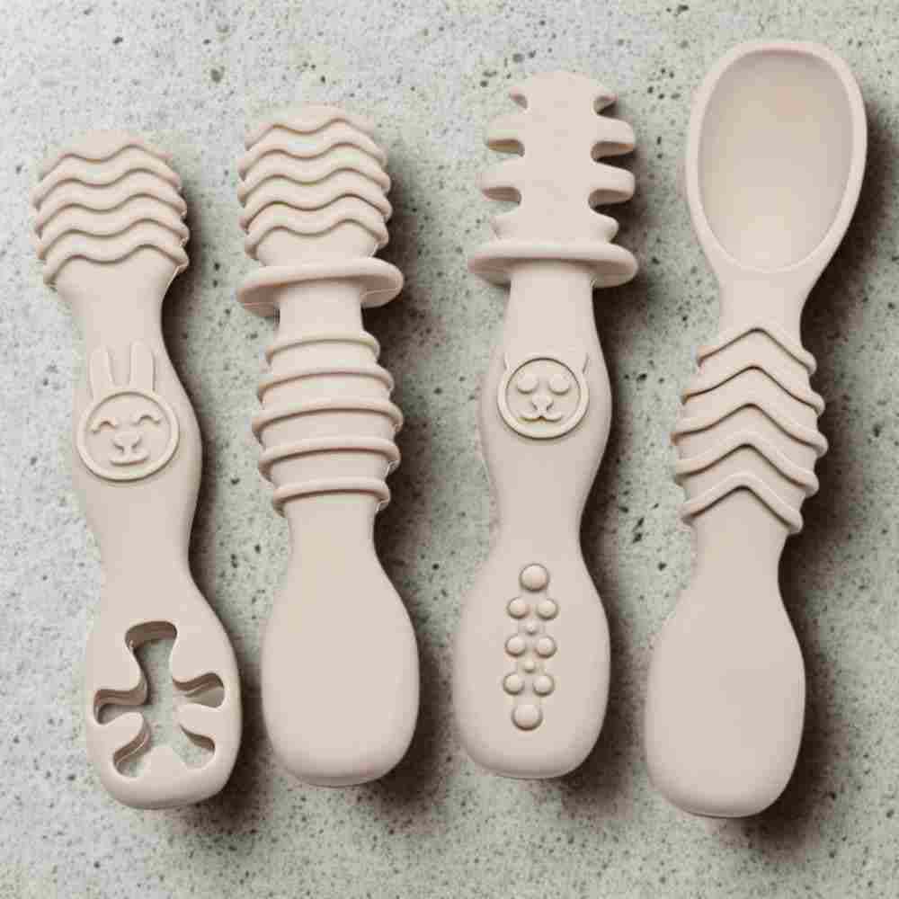 4 - Piece Silicone Teether & Spoon Set | Targeted Relief ( (3M+) Beige - Baby Care Essentials from Senso - Blanky