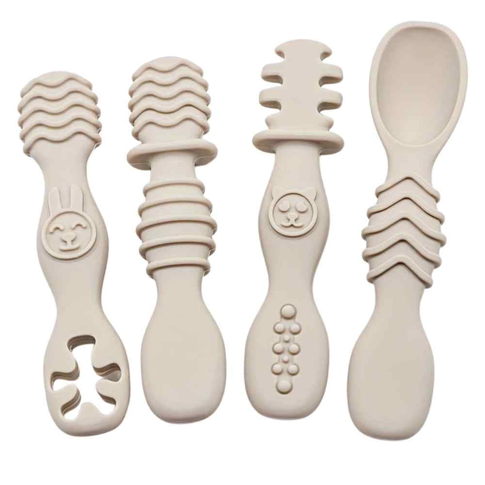 4 - Piece Silicone Teether & Spoon Set | Targeted Relief ( (3M+) Beige - Baby Care Essentials from Senso - Blanky