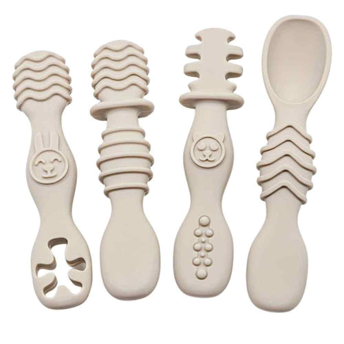4 - Piece Silicone Teether & Spoon Set | Targeted Relief ( (3M+) Beige - Baby Care Essentials from Senso - Blanky
