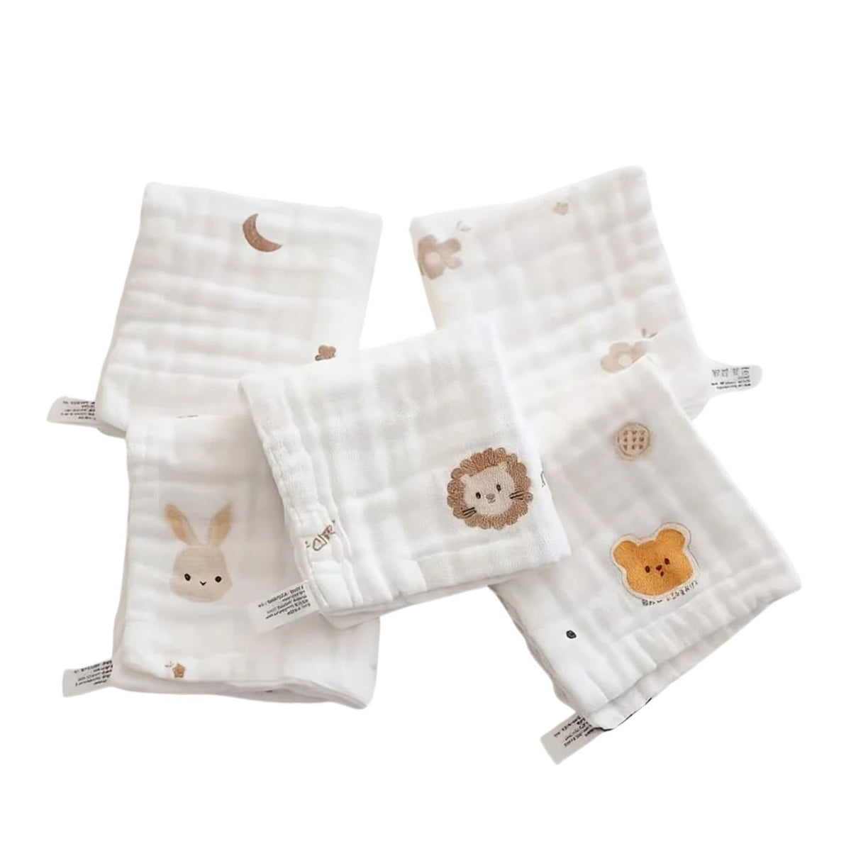 5-pack ultra-soft baby washcloths and drool cloths in cartoon animal prints available from Senso-Blanky