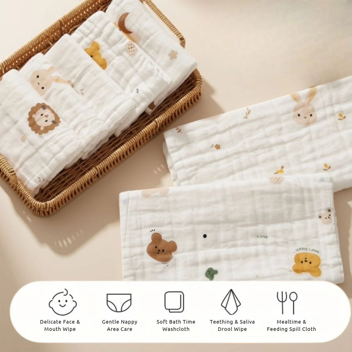 5-pack ultra-soft baby washcloths and drool cloths in cartoon animal print lifestyle,  available from Senso-Blanky