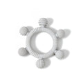 6-Ball silicone sensory teether ring and infant gum soother in grey for babies 3 months and older, showing multiple unique textures.