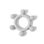 6-Ball silicone sensory teether ring and infant gum soother in grey for babies 3 months and older, showing multiple unique textures.