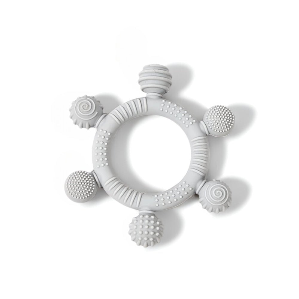6-Ball silicone sensory teether ring and infant gum soother in grey for babies 3 months and older, showing multiple unique textures.