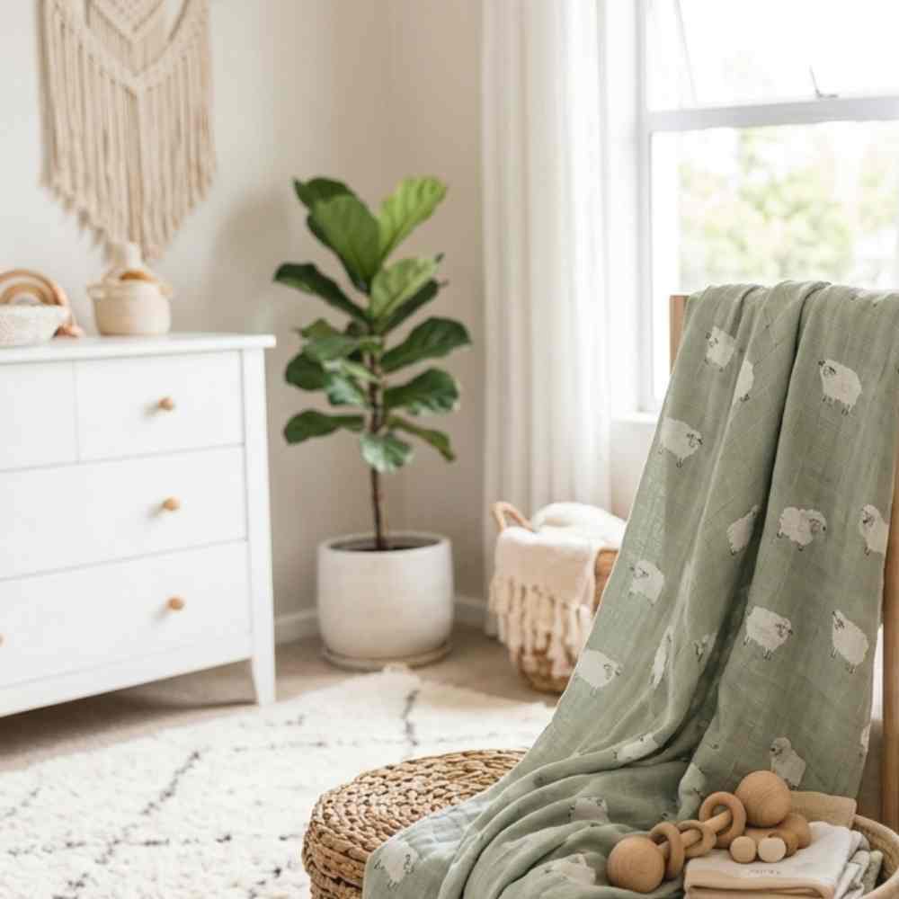 Bamboo Muslin Swaddle Blanket | Sheep on Pale Sage (110x120cm) - Baby Blanket & Swaddle from Senso - Blanky