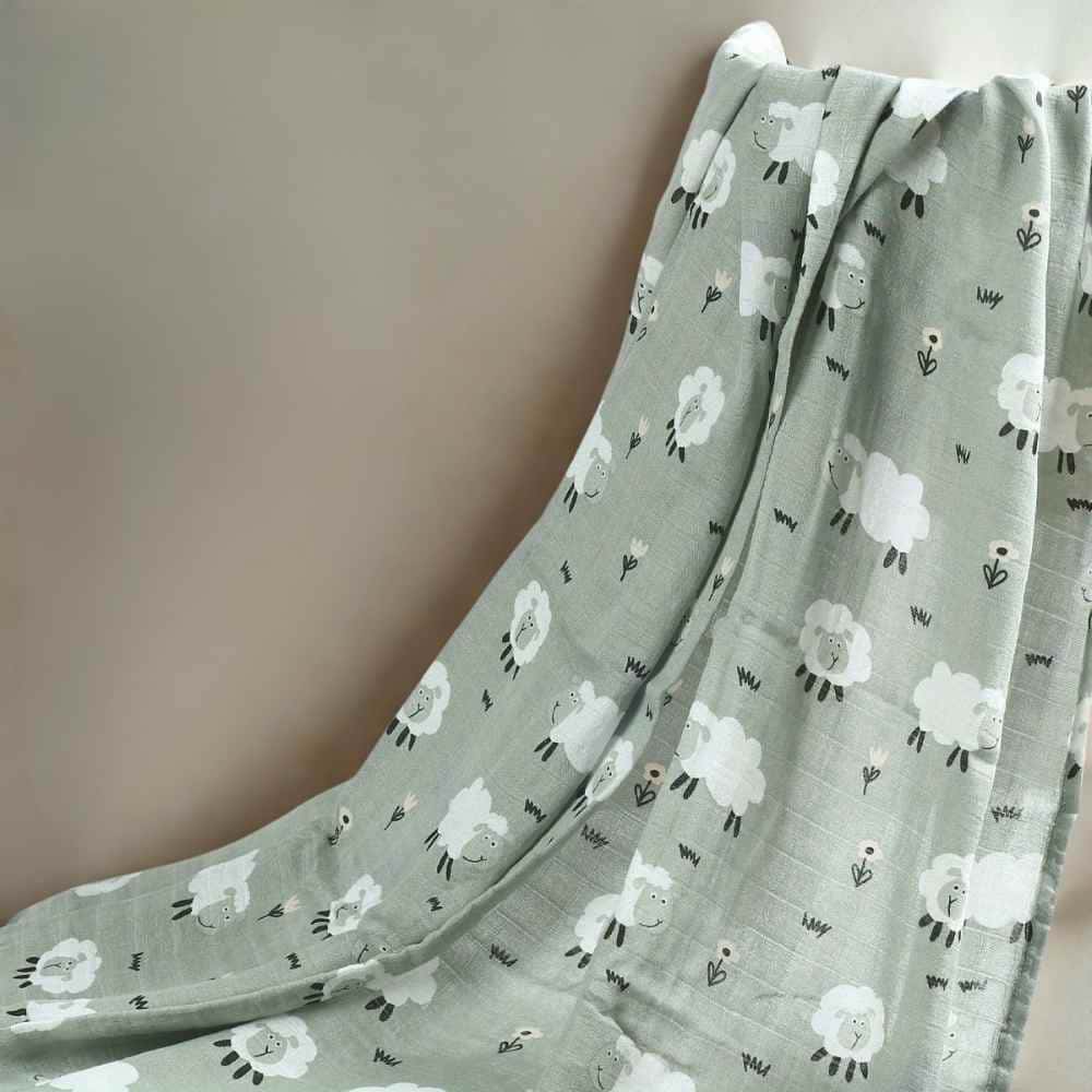 Bamboo Muslin Swaddle Blanket | Sheep on Pale Sage (110x120cm) - Baby Blanket & Swaddle from Senso - Blanky