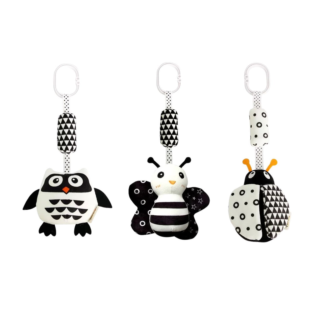 3-pack black and white high-contrast hanging baby mobile toys featuring owl, butterfly and ladybug designs with clip-on stroller rings, available from Senso-Blanky for visual development