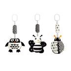 3-pack black and white high-contrast hanging baby mobile toys featuring owl, butterfly and ladybug designs with clip-on stroller rings, available from Senso-Blanky for visual development