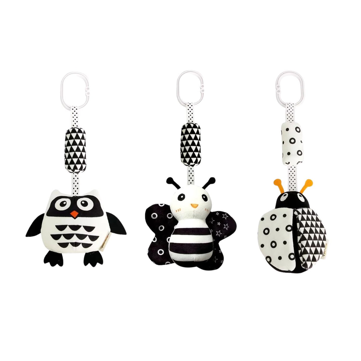 3-pack black and white high-contrast hanging baby mobile toys featuring owl, butterfly and ladybug designs with clip-on stroller rings, available from Senso-Blanky for visual development