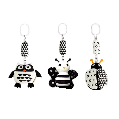 3-pack black and white high-contrast hanging baby mobile toys featuring owl, butterfly and ladybug designs with clip-on stroller rings, available from Senso-Blanky for visual development