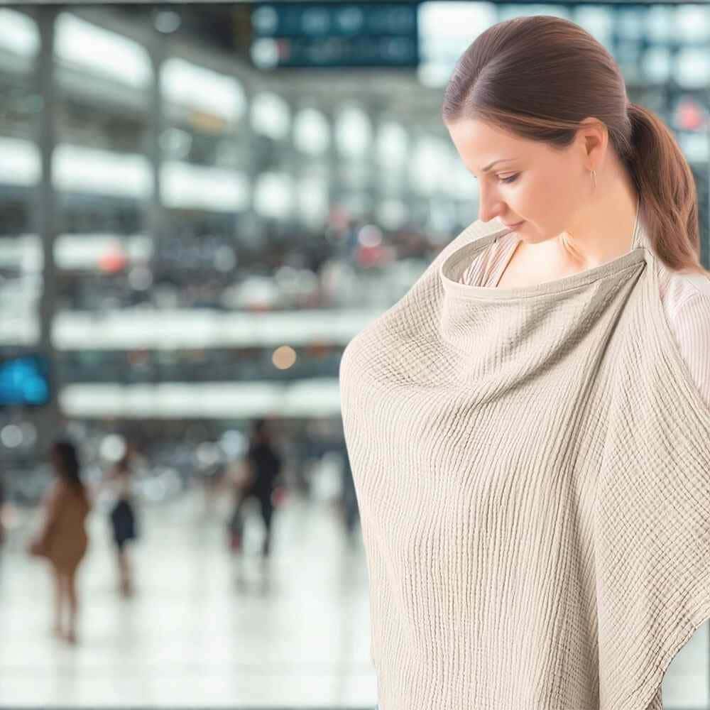 Mother comfortably and discreetly nursing her baby in a public setting using the lightweight cotton shawl - available from Senso-Blanky.