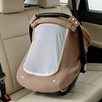 Muslin Car Seat cover in Coffee brown with Roll-down privacy flap secured with button fasteners on muslin car seat cover for stroller naps - Available from Senso-Blanky
