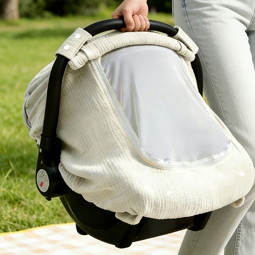 Breathable Beige muslin baby car seat cover with mesh window on infant carrier on Car Seat - Available from Senso-Blanky