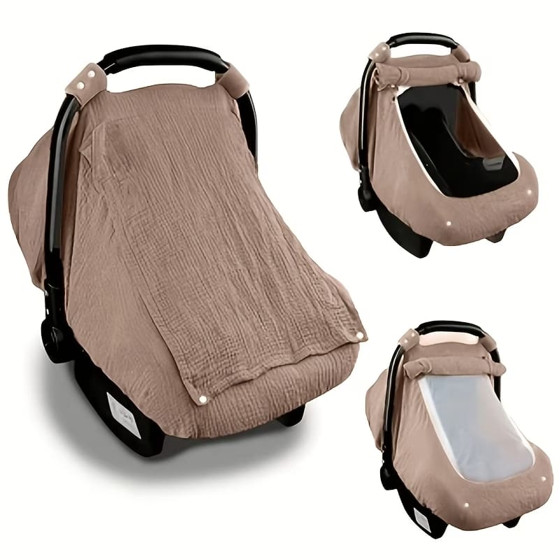 Muslin Car Seat cover in Coffee brown with Roll-down privacy flap secured with button fasteners on muslin car seat cover for stroller naps - Available from Senso-Blanky