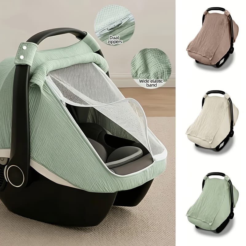 Car Seat Cover with Roll-down privacy flap secured with button fasteners on muslin car seat cover for stroller naps - Various colours available from Senso-Blanky