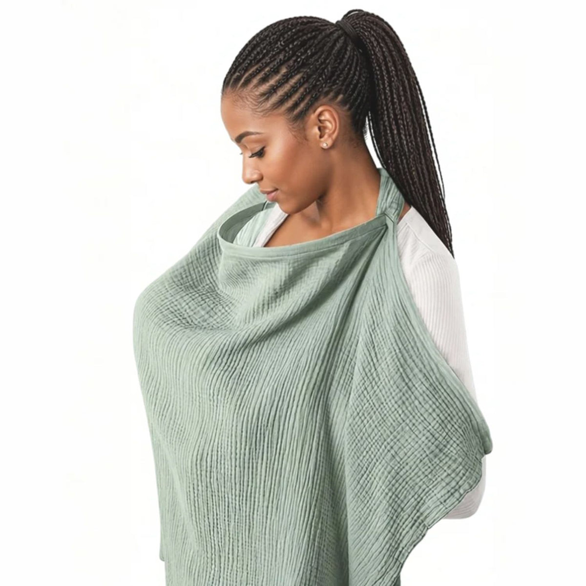 Senso-Blanky open-weave muslin breastfeeding shawl in a Clay Green tone - Available from Senso-Blanky.