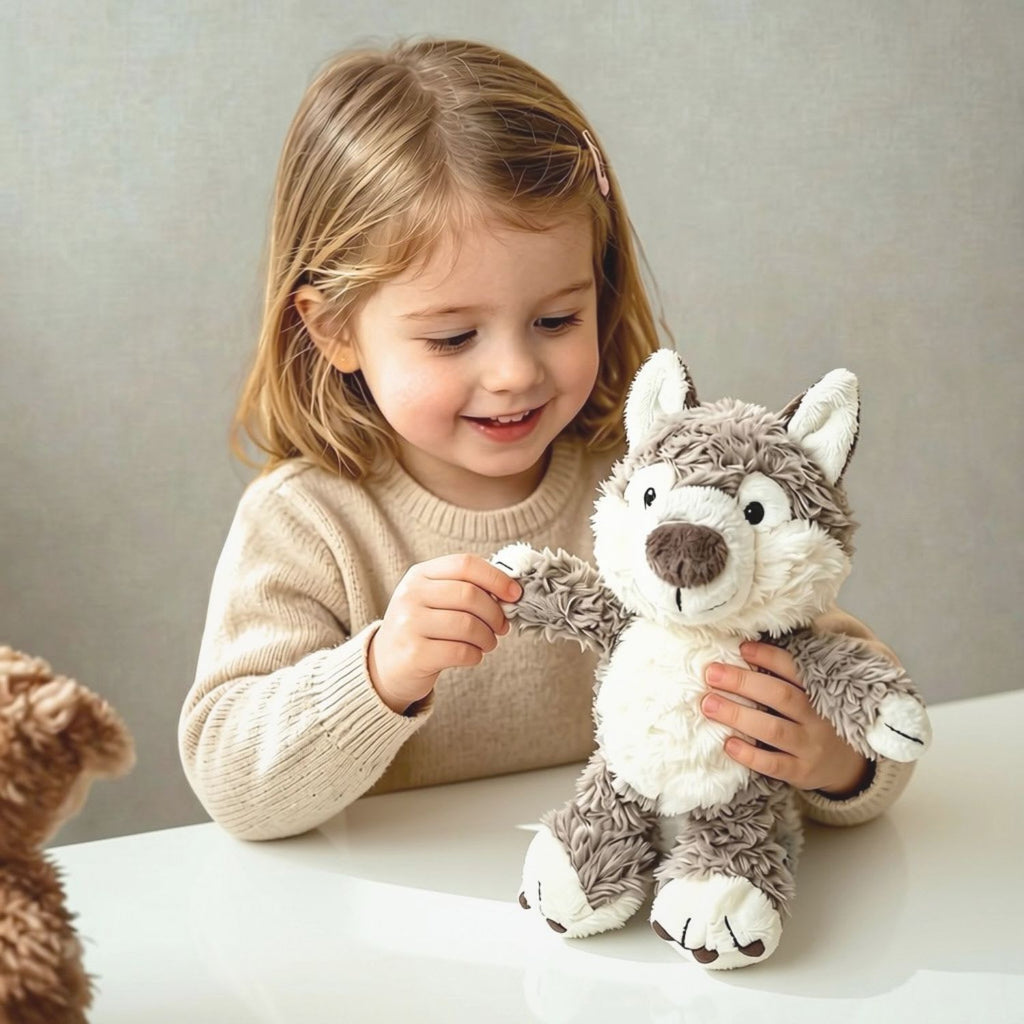 Toddler playing with the 17cm soft grey plush wolf toy showing its compact size and fluffy texture, available from Senso-Blanky.