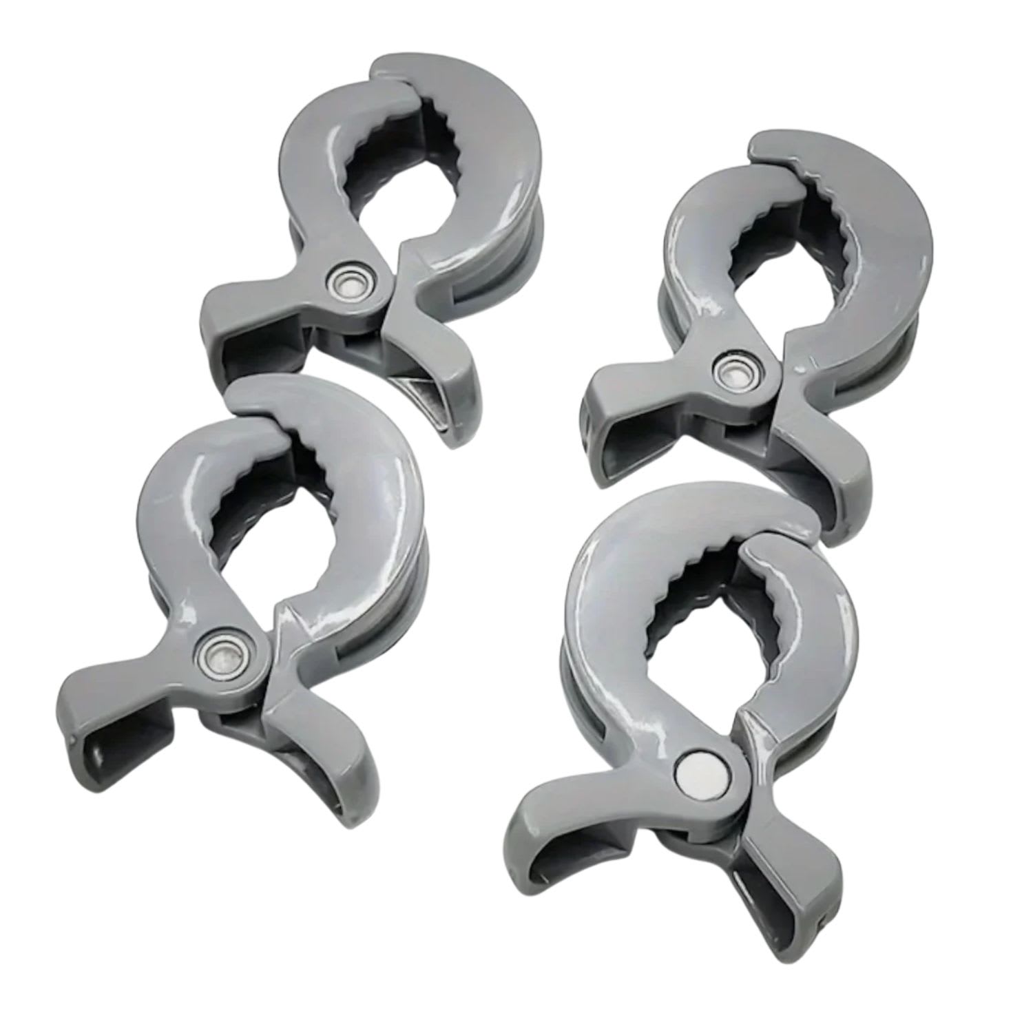 4-pack universal stroller blanket clips in durable ABS grey plastic for pram canopies available from Senso-Blanky