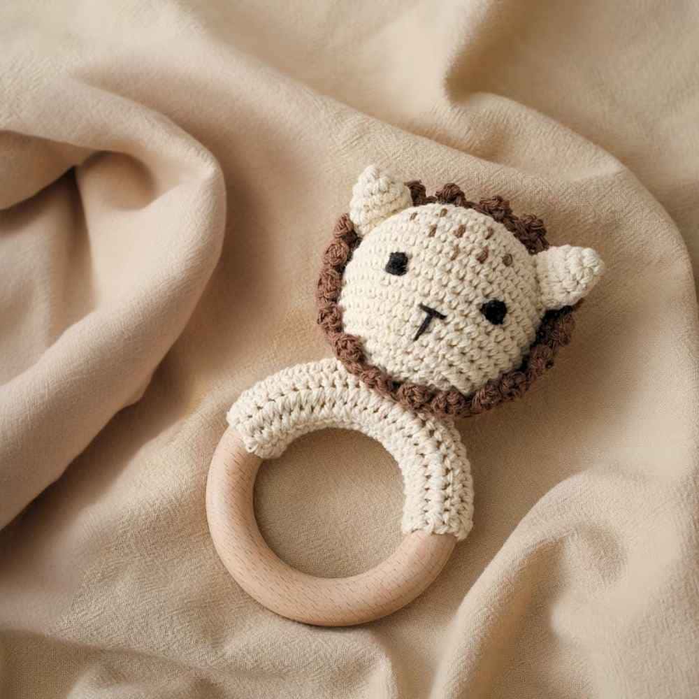 Crochet Animal Rattles with Natural Wood Teether Ring (0M+) - Lion - Rattles from Senso - Blanky