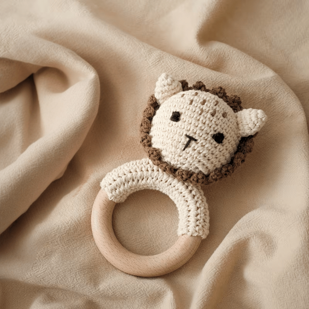 Crochet Animal Rattles with Natural Wood Teether Ring (0M+) - Lion - Rattles from Senso-Blanky