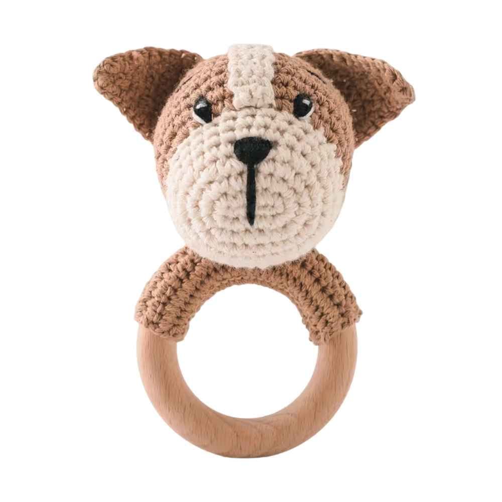 Crochet Puppy Rattle with Natural Wood Teether Ring (0M+) - Rattles from Senso - Blanky