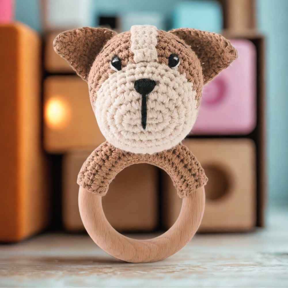 Crochet Puppy Rattle with Natural Wood Teether Ring (0M+) - Rattles from Senso - Blanky