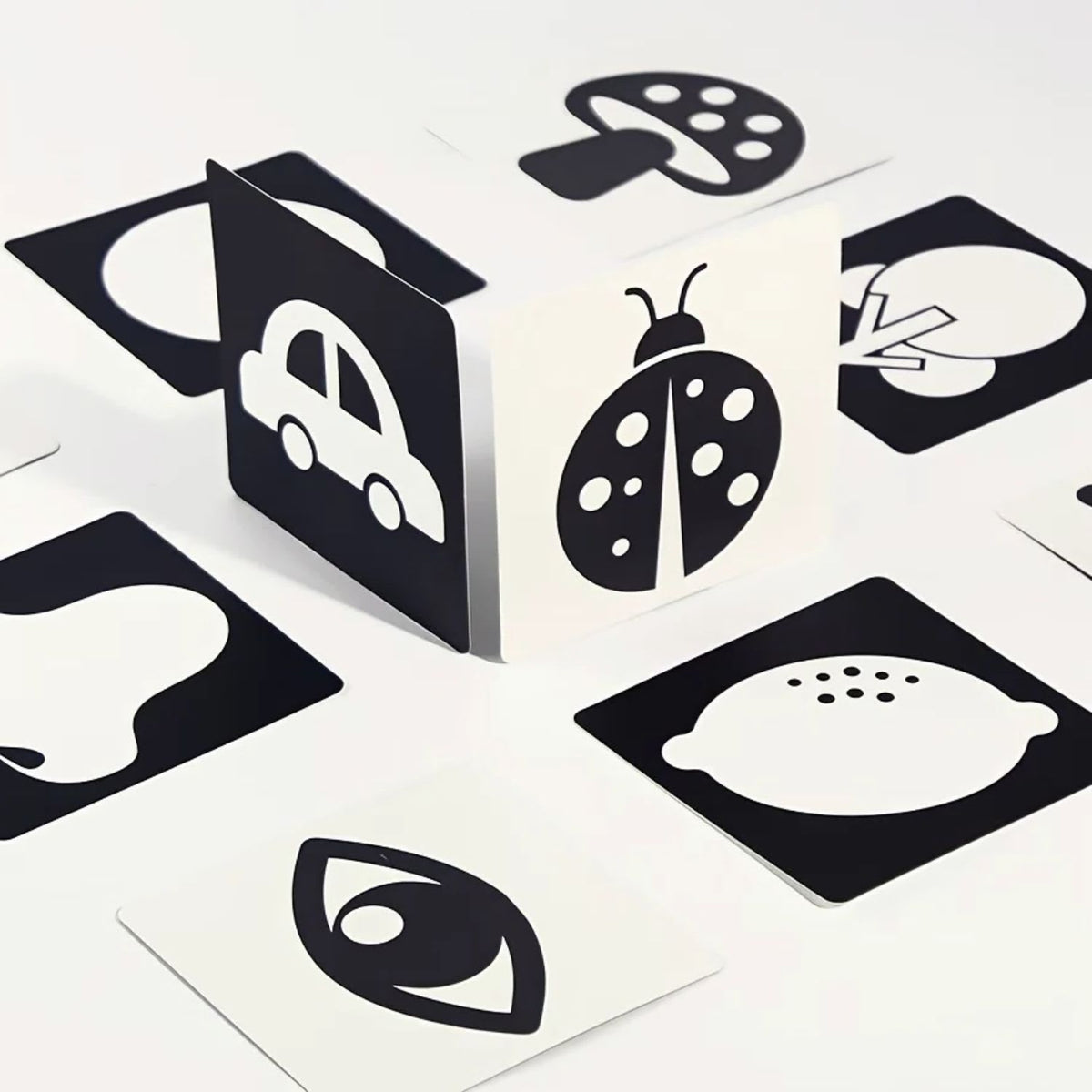 A view of some of the High-Contrast Newborn Vision and Tummy Time Cards  for 1 to 3 month old babies,  available from Senso-Blanky