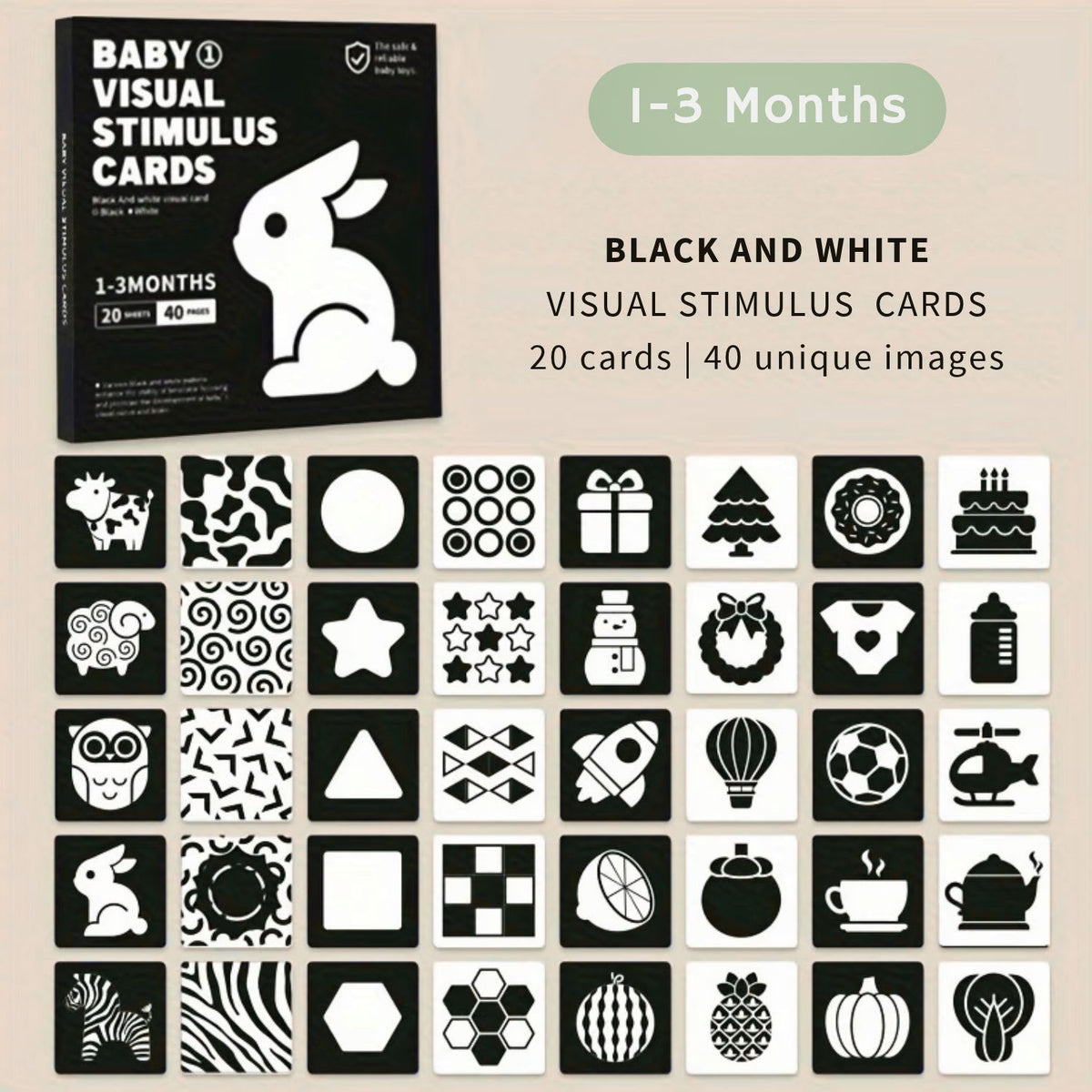 High-Contrast Newborn Vision and Tummy Time Cards  for 1 to 3 month old babies, with  40 Unique Patterns, available from Senso-Blanky