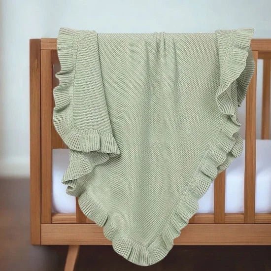 Lightweight Acrylic Knit Blanket with Ruffle Trim (12M+) Pale Sage - Baby Knit Blanket from Senso - Blanky