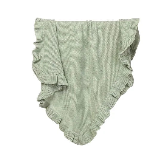 Lightweight Acrylic Knit Blanket with Ruffle Trim (12M+) Pale Sage - Baby Knit Blanket from Senso - Blanky