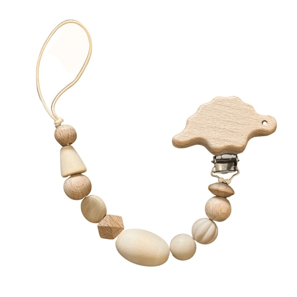 Handcrafted Dinosuar wooden character dummy clip with premium food-grade silicone and natural beech wood sensory beads, attached to a pacifier. Designed in South Africa by Senso-Blanky.