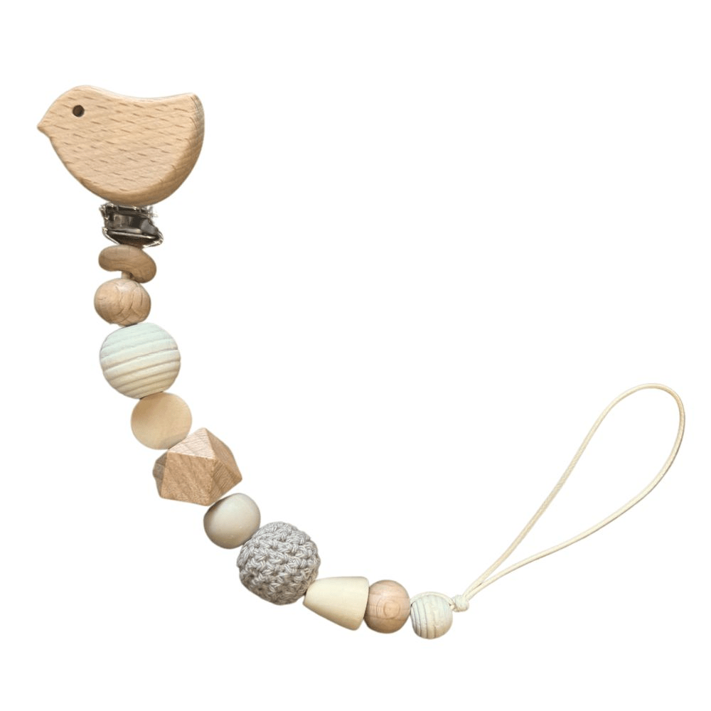 Handcrafted Bird wooden character dummy clip with premium food-grade silicone and natural beech wood sensory beads, attached to a pacifier. Designed in South Africa by Senso-Blanky.