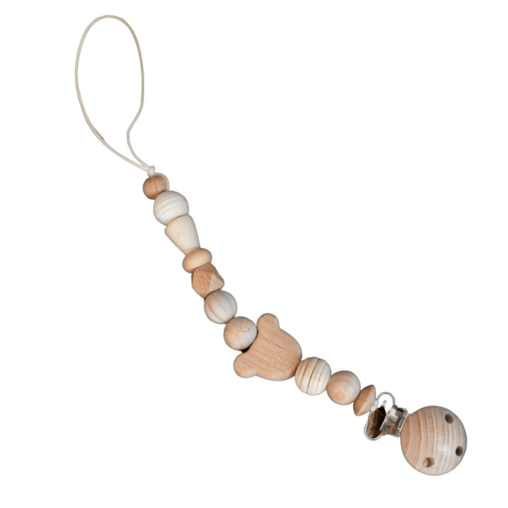 Handcrafted Bear wooden character dummy clip with premium food-grade silicone and natural beech wood sensory beads, attached to a pacifier. Designed in South Africa by Senso-Blanky.