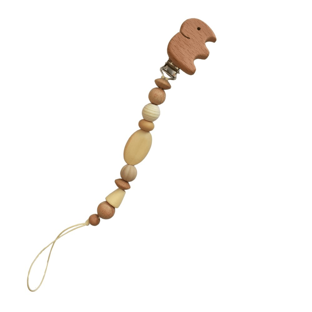 Handcrafted Elephant wooden character dummy clip with premium food-grade silicone and natural beech wood sensory beads, attached to a pacifier. Designed in South Africa by Senso-Blanky.