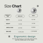 Nursing Cups Sizing Guide	Detailed sizing chart graphic illustrating the physical dimensions and bra cup recommendations for Regular and Maxi silver nursing shields - Available from Sesno-Blanky