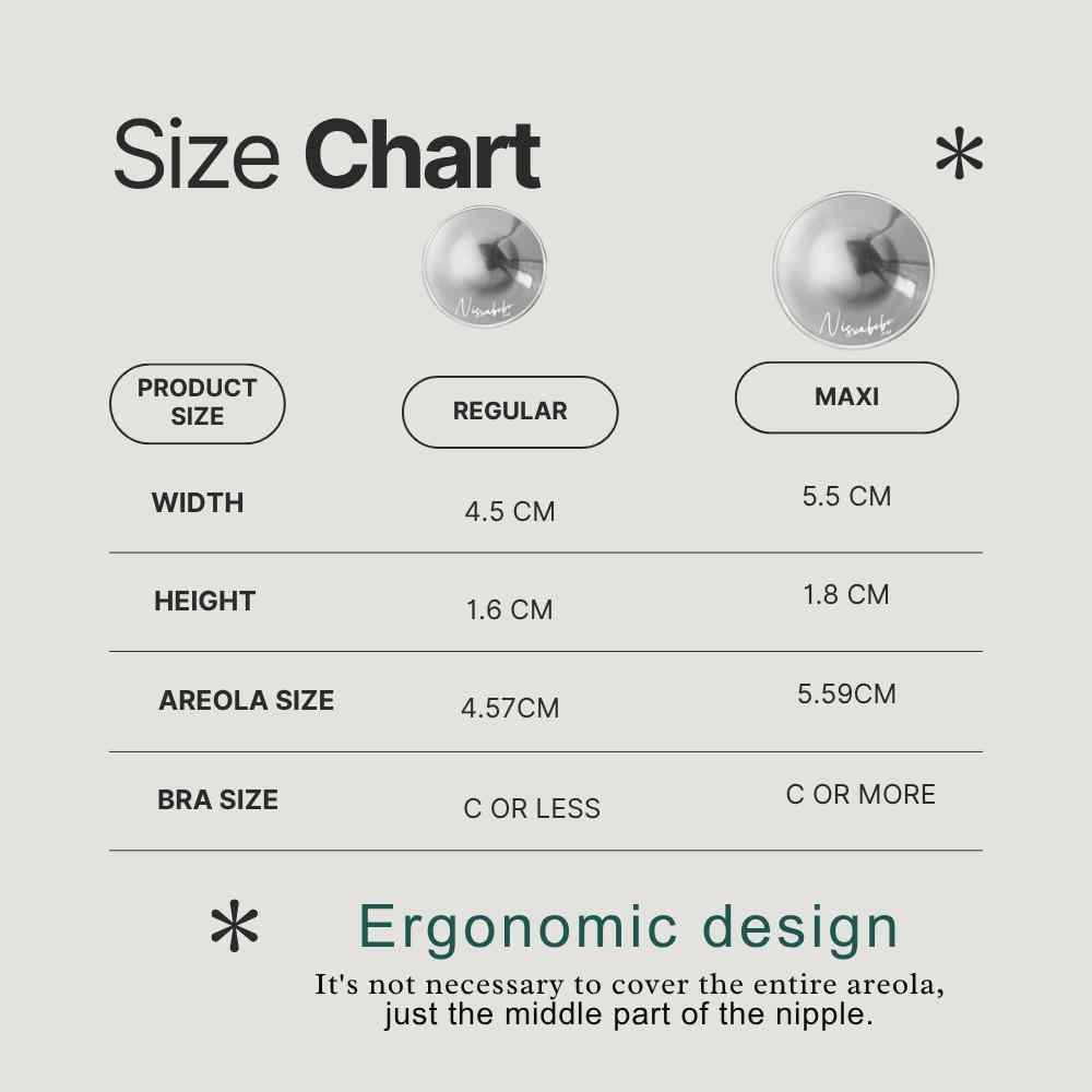 Nursing Cups Sizing Guide	Detailed sizing chart graphic illustrating the physical dimensions and bra cup recommendations for Regular and Maxi silver nursing shields - Available from Sesno-Blanky