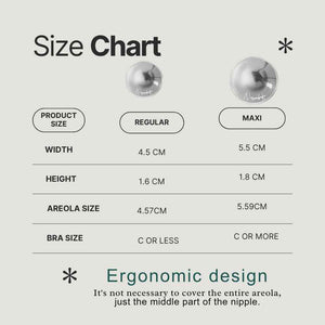 Nursing Cups Sizing Guide	Detailed sizing chart graphic illustrating the physical dimensions and bra cup recommendations for Regular and Maxi silver nursing shields - Available from Sesno-Blanky