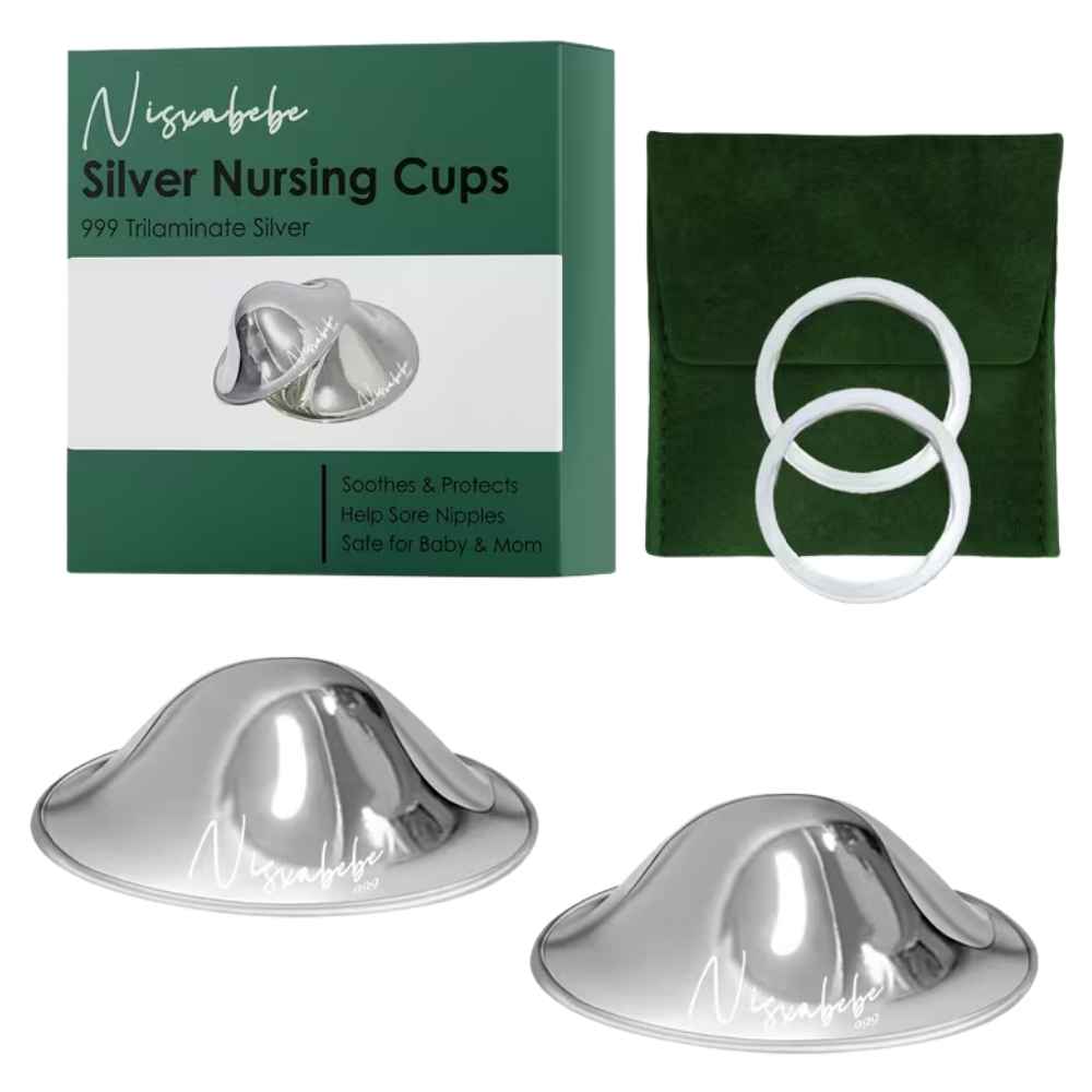 Silver-Plated Nursing Cups Set	Premium 2-piece silver-plated nursing cup set with medical-grade silicone comfort rings with drawstring travel pouch - Maxi Available from Senso-Blanky